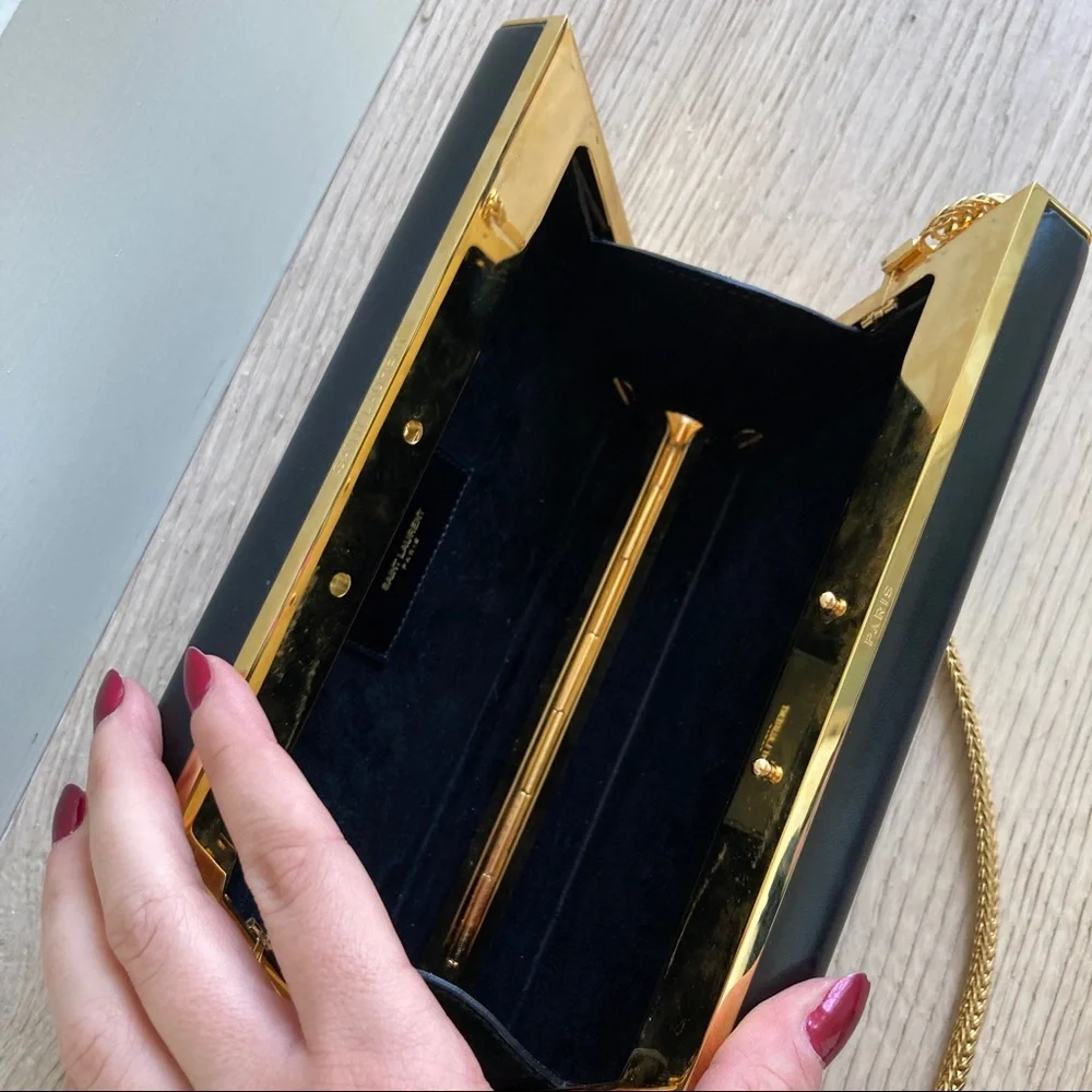 Saint Laurent Diagonal Leather Minaudière Clutch Black Gold - Picture 15 of 16